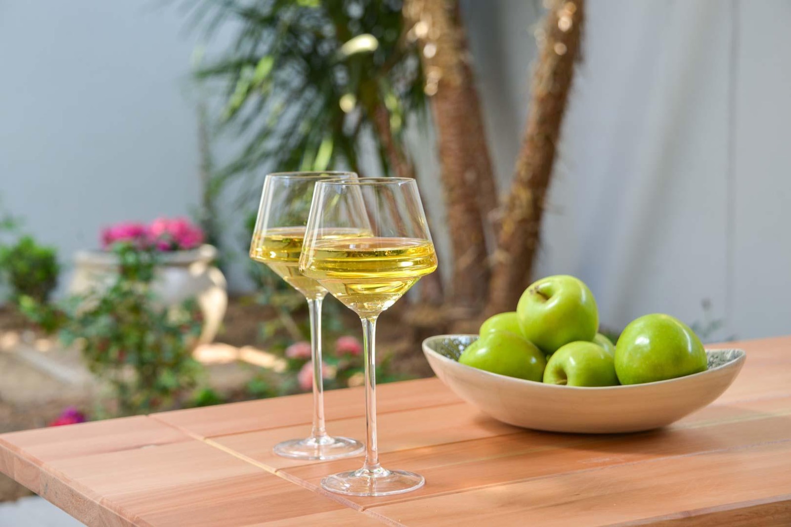 Two glasses of wine on the garden table at sundown